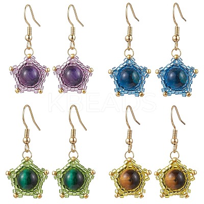 Natural Tiger Eye Star Dangle Earrings EJEW-MZ00354-1