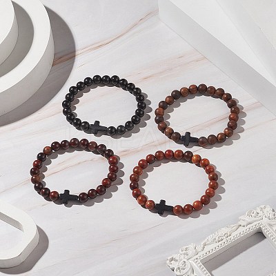 Natural Wood & Synthetic Turquoise Beaded Stretch Bracelet for Men Women BJEW-JB09291-1
