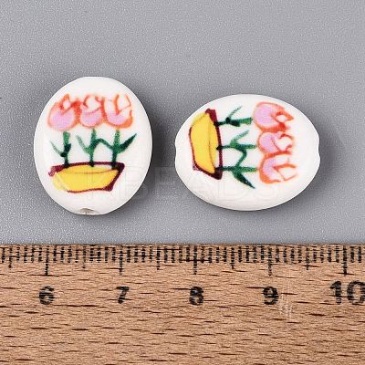 Hand Painted Tulip Flower Oval Porcelain Beads PORC-N012-11C-1