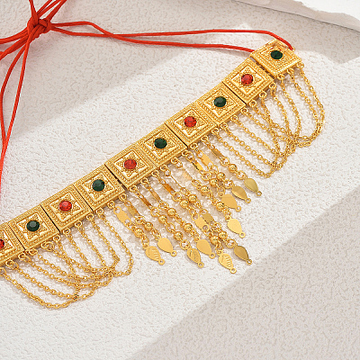 Ramadan & Eid Mubarak Brass Middle Eastern Square Tassel Choker Necklaces for Women's Party Accessories QC1236-1