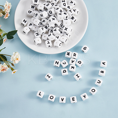 20Pcs White Cube Letter Silicone Beads 12x12x12mm Square Dice Alphabet Beads with 2mm Hole Spacer Loose Letter Beads for Bracelet Necklace Jewelry Making JX432B-1