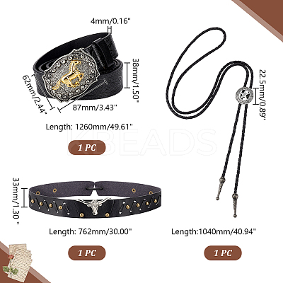 3Pcs 3 Styles PU Leather Men's Chain Belt with Alloy Horse Clasp & Star Bolo Tie & Adjustable Hat Band AJEW-GA0006-64-1