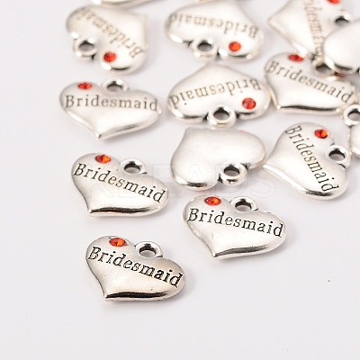 Wedding Theme Antique Silver Tone Tibetan Style Heart with Bridesmaid Rhinestone Charms TIBEP-N005-04B-1