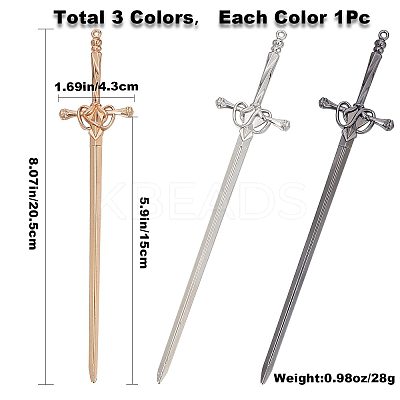 3Pcs 3 Colors Chinese Style Alloy Sword Hair Sticks OHAR-GF0001-22-1