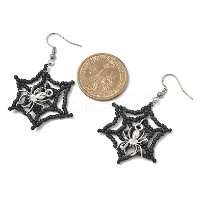 Halloween Theme Spider Web with Spider Handmade Glass Seed Beaded Dangle Earrings EJEW-MZ00481-01-1