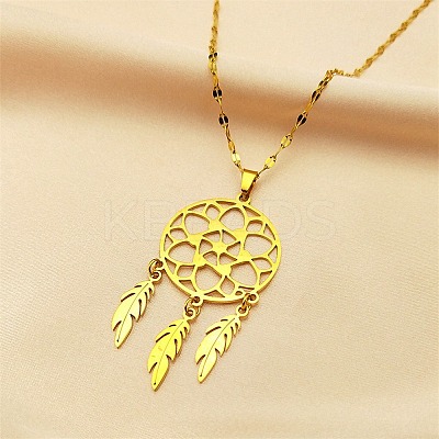 Woven Net/Web with Feather 201 Stainless Steel Boho Pendant Necklaces for Women NJEW-G087-07G-1