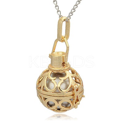 Golden Tone Brass Hollow Round Cage Pendants KK-J235-04G-1