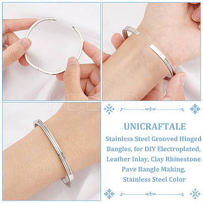3Pcs Egg Shaped 201 Stainless Steel Grooved Hinged Bangles STAS-UN0048-67-1
