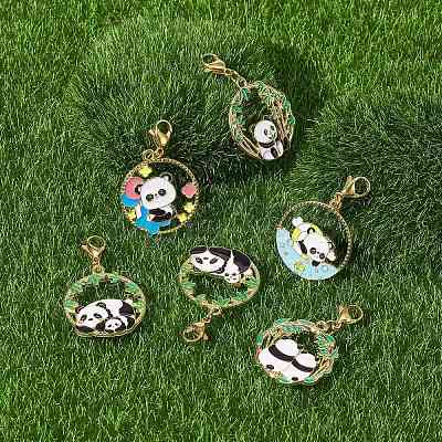 Round Ring with Panda Alloy Enamel Pendant Decorations HJEW-JM01042-1