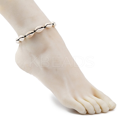 Natural Shell Braided Bead Anklet with Synthetic Turquoise Beads AJEW-AN00561-02-1