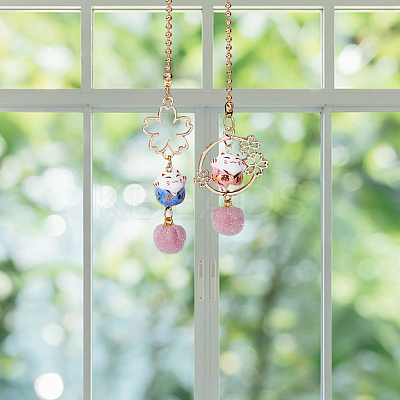 2Pcs 2 Style Lucky Cat Car Charm Porcelain Figurine Hanging Pendant Decorations HJEW-DC0001-05-1