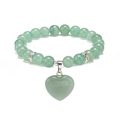 Natural Green Aventurine Round Beaded Stretch Bracelet with Heart Charm BJEW-JB09019-05-1