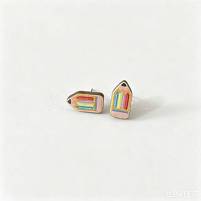 Back to School Printed Wood Stud Earrings for Women WGA6698-03-1