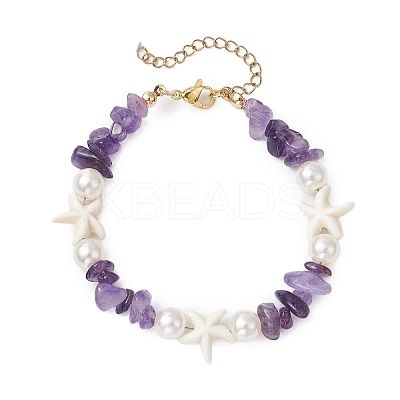 Starfish Synthetic Turquoise & Natural Mixed Gemstone Chip Beaded Bracelets for Women BJEW-JB11264-1