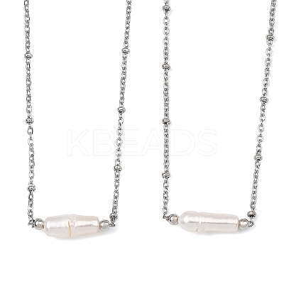 Natural Baroque Keshi Pearl Column Pendant 304 Stainless Steel Satellite Chain Necklaces NJEW-JN06338-02-1
