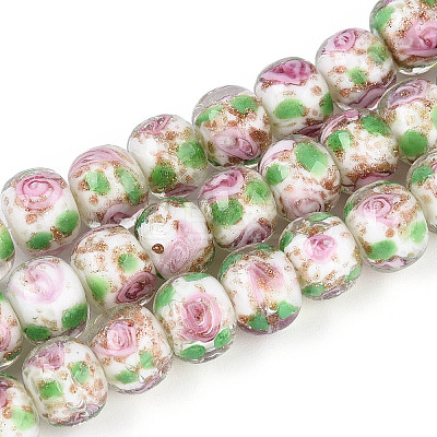 Handmade Lampwork Inner Flower Rondelle Beads Strands LAMP-T022-24K-1