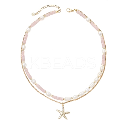 Natural Rose Quartz Heishi Beads and Rice Natural Pearl Beaded Double Layer 304 Stainless Steel Starfish Pendant Necklaces NJEW-JN05847-03-1