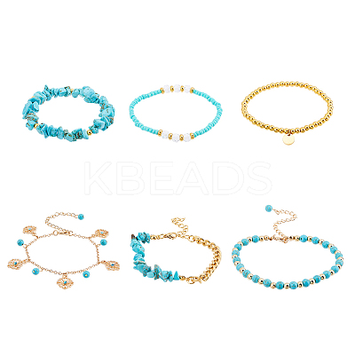 6Pcs 6 Style Alloy Flower Charm Bracelets Set BJEW-FI0001-79-1