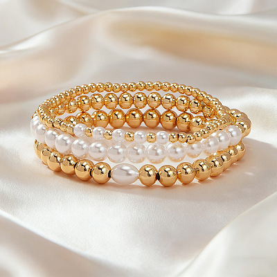 3Pcs 3 Styles Brass & Plastic Imitation Pearl Round Beads Stretch Bracelets for Women TJ3268-1-1