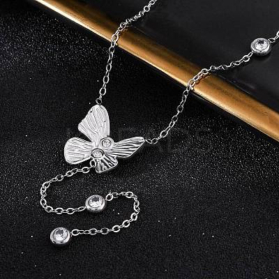 304 Stainless Steel Crystal Rhinestone Butterfly Y Necklaces NJEW-R026-19P-1