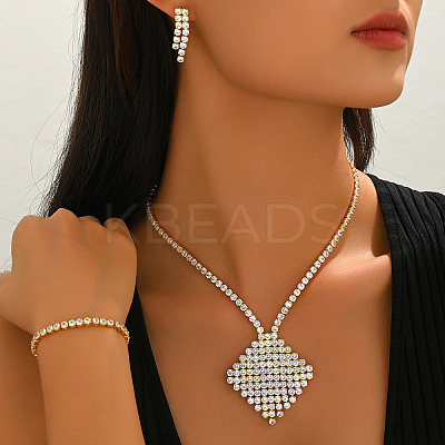 Rhombus Brass Micro Pave Clear Cubic Zirconia Bracelets & Earrings & Necklaces Sets for Women BR7277-1