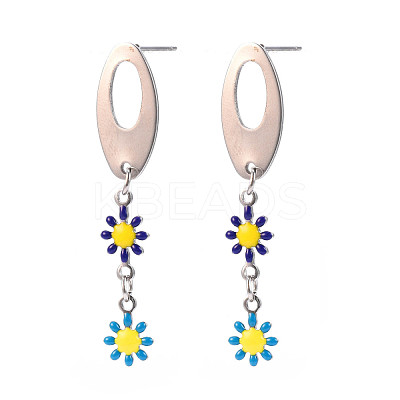 Oval with Flower Enamel Long Dangle Stud Earrings EJEW-N049-05C-1