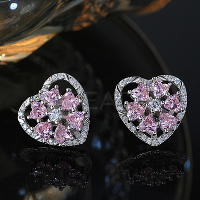 Rhodium Plated 925 Sterling Silver Rotating Heart Stud Earrings EJEW-L270-01P-1