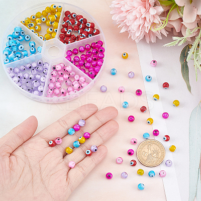 240Pcs 6 Colors Handmade Evil Eye Lampwork Round Bead LAMP-NB0001-76A-1