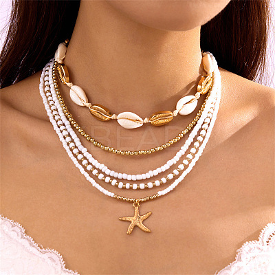 Bohemian Style Alloy Starfish Pendant Glass Seed Beads Natural Shell Beaded Multi Layered Necklaces FS-WG079D7-01-1