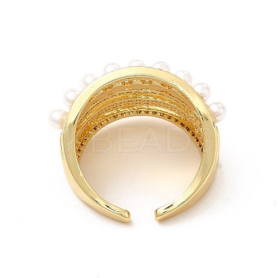 Clear Cubic Zirconia Multi Line Open Cuff Ring with Plastic Pearl Beaded RJEW-I092-12G-1