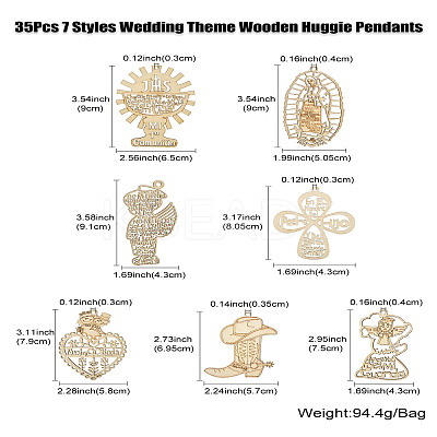 35Pcs 7 Styles Wedding Theme Wooden Huggie Pendants WOOD-CJ0002-07-1