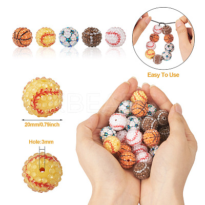30Pcs 5 Style Basketball & Football & Baseball Pattern Resin Rhinestone Beads RESI-TA0001-77-1