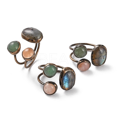 Oval & Round Natural Labradorite & Rose Quartz & Green Aventurine Open Cuff Rings RJEW-A041-01R-1