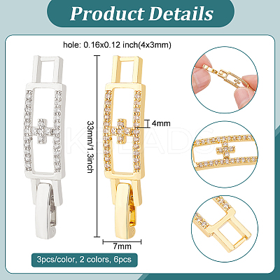 6Pcs 2 Colors Rectangle with Cross Rack Plating Brass Micro Pave Clear Cubic Zirconia Watch Band Clasps KK-BC0009-77-1