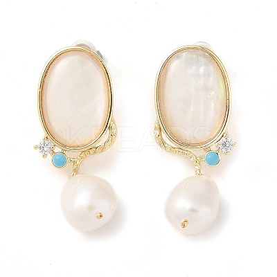 Oval Natural Shell Stud Earrings EJEW-L286-12G-1