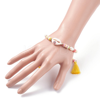 Natual Shell with Evil Eye & Pearl Braided Bead Bracelet BJEW-TA00049-01-1