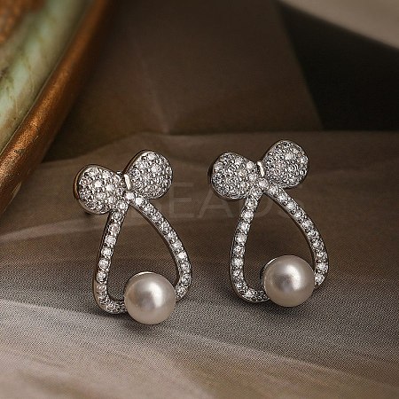 Bowknot Brass Micro Pave Clear Cubic Zirconia Stud Earrings LS-EJEW-A110-06P-1