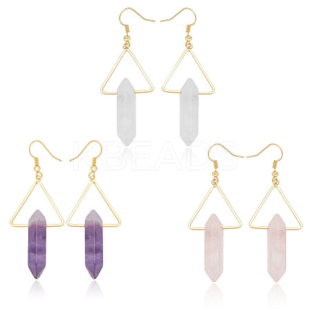 3 Pairs 3 Style Natural Mixed Gemstone Triangle with Bullet Dangle Earrings EJEW-AN0002-27-1