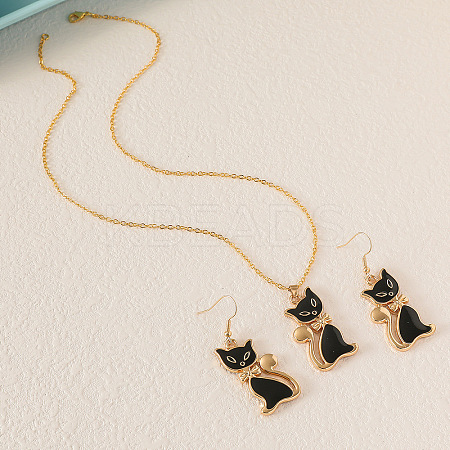 Cat Shape Zinc Alloy Enamel Pendant Necklaces & Dangle Earrings Sets FS-WG2319B-01-1