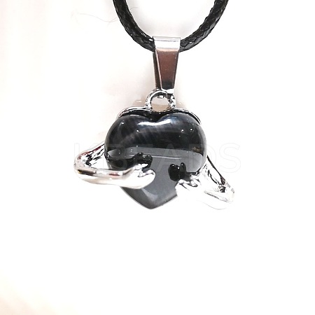 Natural Obsidian Heart with Metal Hands Pendant Necklaces FX8013-6-1