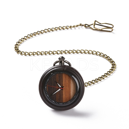Ebony Wood Pocket Watch with Brass Curb Chain and Clips WACH-D017-A17-01AB-03-1