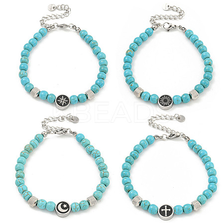 304 Stainless Steel & Synthetic Turquoise Round Beaded Bracelets for Women BJEW-G717-09-1