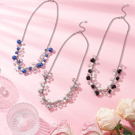 3Pcs 3 Colors Round Glass Beaded Bib 304 Stainless Steel Rolo Chain Necklaces NJEW-JN05359-1