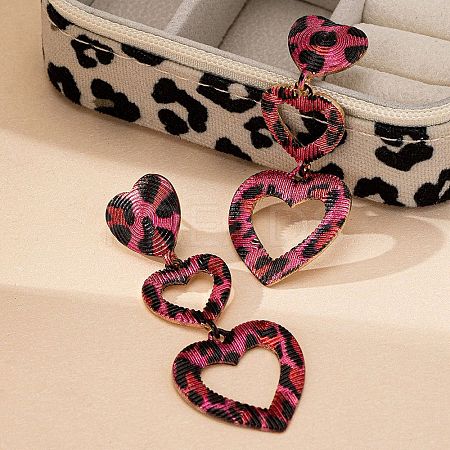 Heart with Leopard Print Alloy Tassel Stud Earrings EJEW-Z112-05G-1