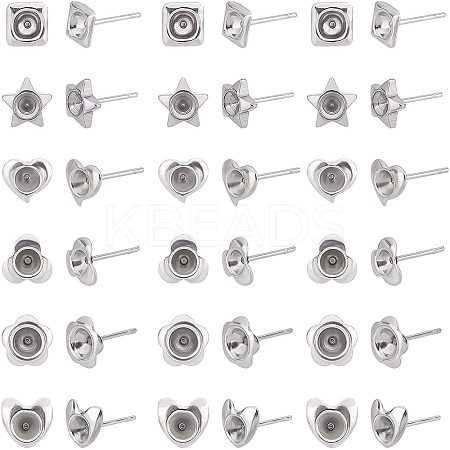 120Pcs Heart & Flower & Star & Square 304 Stainless Steel Ear Stud Components STAS-UN0026-39-1