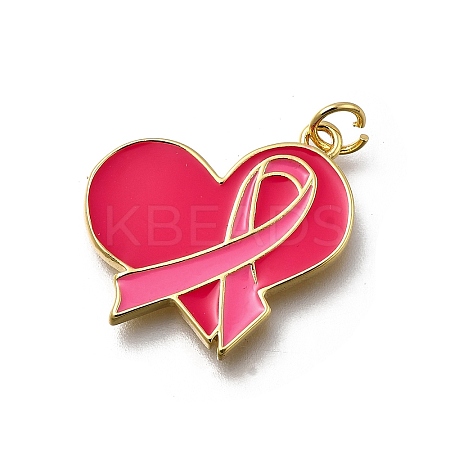 October Breast Cancer Pink Awareness Ribbon Brass Enamel Pendants LS-KK-G525-10G-05-1