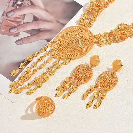 Vintage Alloy Hollow Teardrop Tassel Earrings & Necklaces & Rings Set for Wwomen YJ4810-1