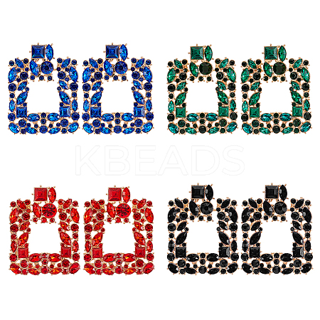 4 Pairs 4 Colors Rhinestone Hollow Square Dangle Stud Earrings EJEW-AN0004-37-1