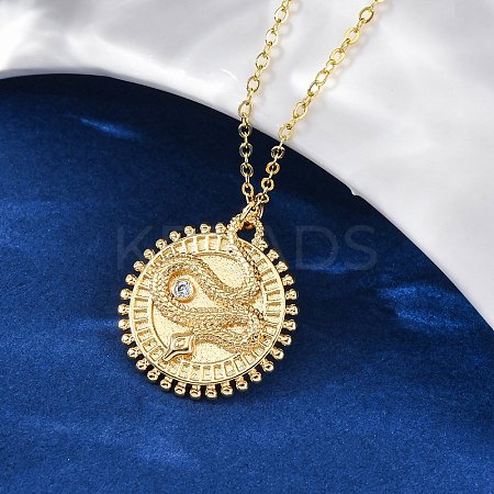 Brass Micro Pave Clear Cubic Zirconia Flat Round with Snake Pendant Necklaces NJEW-S438-02A-G-1