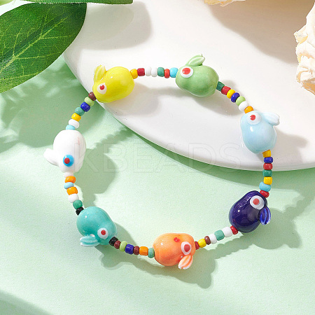 Rabbit Porcelain & Glass Seed Beads Stretch Bracelets for Women BJEW-TA00705-1